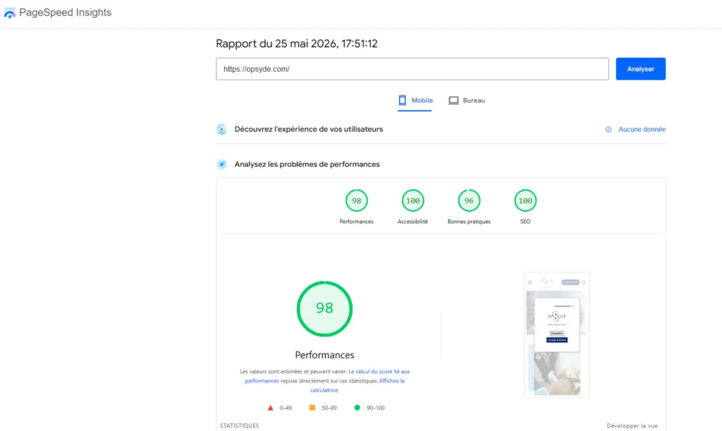 Opsyde page speed insights score 98 mobile