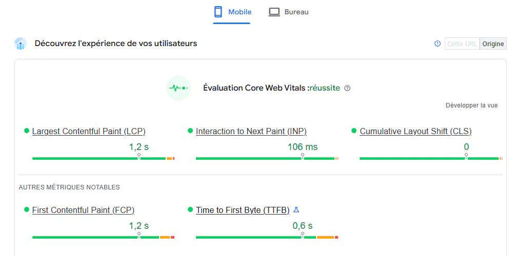 Exemple site avec core web Vitals en vert / réussite