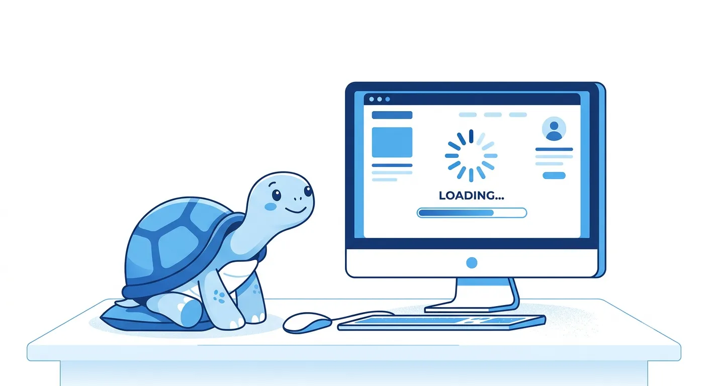 Site lent décris par un ecran d'ordinateur utilisé par une tortue